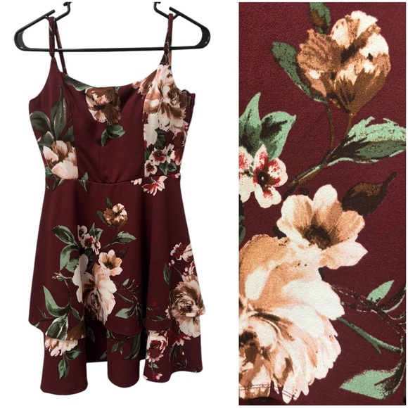 June & Ivy Dresses & Skirts - June & Ivy Maroon Cutout Floral Dress -Medium